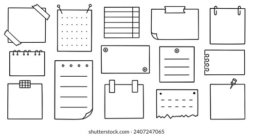 Memo sheets doodle set. Paper page, notes, reminder, sticky for bullet journal in sketch style. Hand drawn vector illustration isolated on white background.