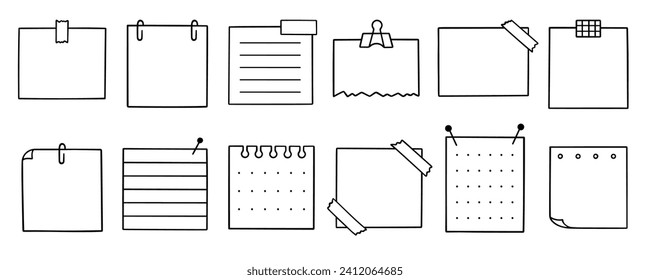 Memo sheets doodle set. Paper page, notes, reminder, sticky for bullet journal in sketch style. Hand drawn vector illustration isolated on white background.