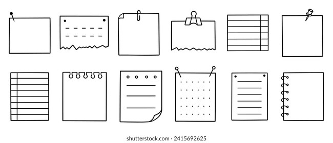 Memo sheets doodle set. Paper page, notes, reminder, sticky for bullet journal in sketch style. Hand drawn vector illustration isolated on white background.