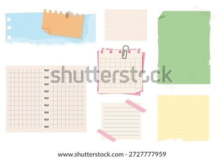 Memo sheets, notes, torn labels and taped pages. Sticky planner elements, checklist and list paper for scrapbooking or school. Template set. White and craft paper.
