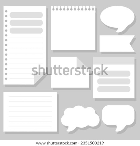 Memo or sticky note paper sheet and speech bubble set to make a notification, reminder message or leave another inscription on blank sticker, tag or label template. Empty tab, ticket or mark for text.