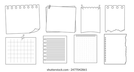 Memo sticky note reminder sheet paper. Doodle paper frame, check list with pin, tape, paperclip elements. Set cute notes, office or school messages.