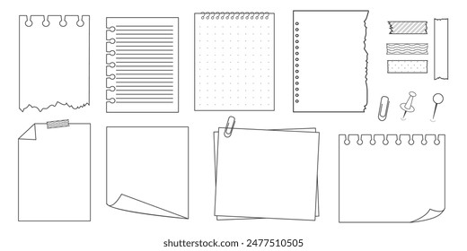 Memo sticky note reminder sheet paper. Doodle paper frame, check list with pin, tape, paperclip elements. Set cute notes, office or school messages.