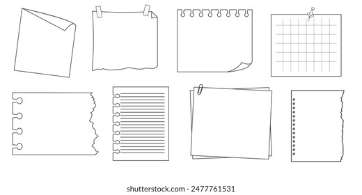 Papel de hoja recordatorio de nota adhesiva de memorando. Doodle marco de papel, lista de verificación con pin, cinta, Elementos de clip. Establecer notas lindas, mensajes de oficina o escuela.