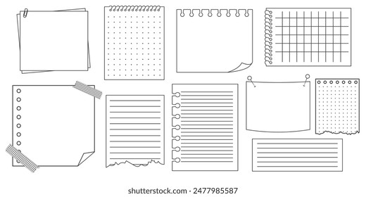 Papel de hoja recordatorio de nota adhesiva de memorando. Doodle marco de papel, lista de verificación con pin, cinta, Elementos de clip. Establecer notas lindas, mensajes de oficina o escuela.