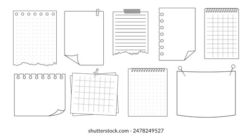 Memo sticky note reminder sheet paper. Doodle paper frame, check list with pin, tape, paperclip elements. Set cute notes, office or school messages.