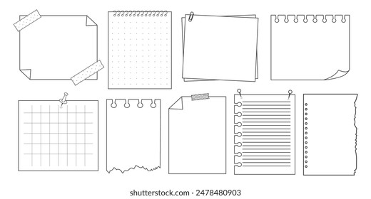 Memo sticky note reminder sheet paper. Doodle paper frame, check list with pin, tape, paperclip elements. Set cute notes, office or school messages.