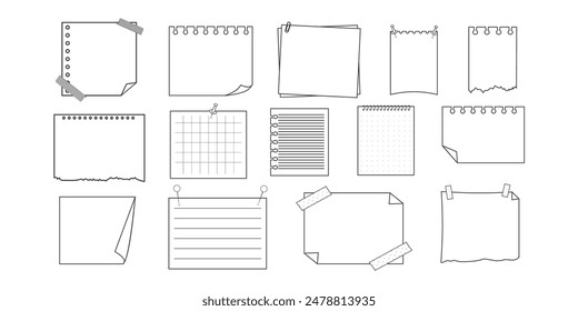 Memo sticky note reminder sheet paper. Doodle paper frame, check list with pin, tape, paperclip elements. Set cute notes, office or school messages.