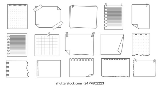 Memo sticky note reminder sheet paper. Doodle paper frame, check list with pin, tape, paperclip elements. Set cute notes, office or school messages.