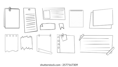 Memo sticky note reminder sheet paper. Doodle paper frame, check list with pin, tape, paperclip elements. Set cute notes, office or school messages.