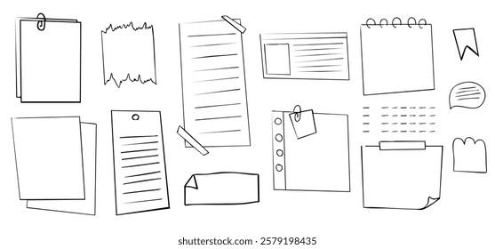 Memo sticky note reminder sheet paper. Doodle paper frame, check list with pin, tape, paperclip elements. Set cute notes, office or school messages.