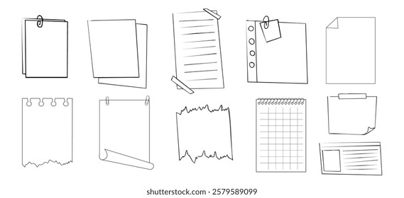 Memo sticky note reminder sheet paper. Doodle paper frame, check list with pin, tape, paperclip elements. Set cute notes, office or school messages.