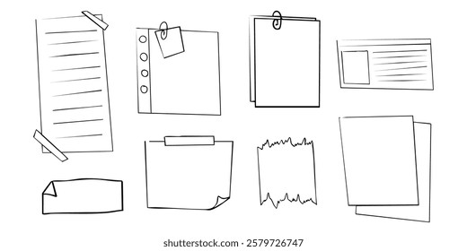 Memo sticky note reminder sheet paper. Doodle paper frame, check list with pin, tape, paperclip elements. Set cute notes, office or school messages.