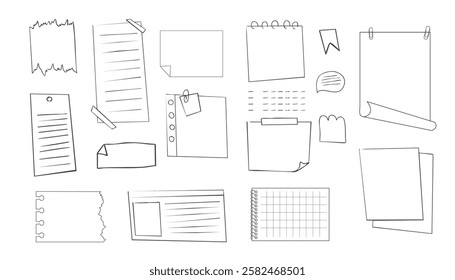 Memo sticky note reminder sheet paper. Doodle paper frame, check list with pin, tape, paperclip elements. Set cute notes, office or school messages.