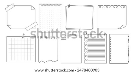 Memo sticky note reminder sheet paper. Doodle paper frame, check list with pin, tape, paperclip elements. Set cute notes, office or school messages.