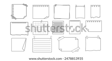 Memo sticky note reminder sheet paper. Doodle paper frame, check list with pin, tape, paperclip elements. Set cute notes, office or school messages.