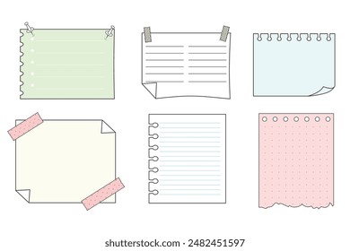 Memo sticky notes, sheet reminder, color office or school pages with tape, marks, pin, paperclip frames doodle style. Notebook bullet dairy list, funny retro drawing.