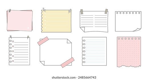 Memo sticky notes, sheet reminder, color office or school pages with tape, marks, pin, paperclip frames doodle style. Notebook bullet dairy list, funny retro drawing.