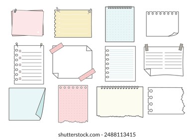 Memo sticky notes, sheet reminder, color office or school pages with tape, marks, pin, paperclip frames doodle style. Notebook bullet dairy list, funny retro drawing.