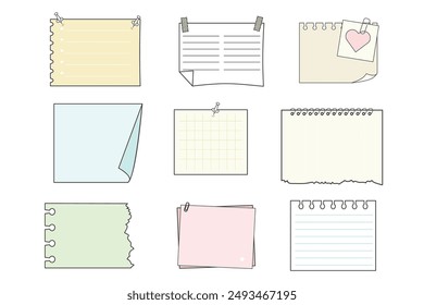 Memo sticky notes, sheet reminder, color office or school pages with tape, marks, pin, paperclip frames doodle style. Notebook bullet dairy list, funny retro drawing.