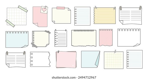 Memo sticky notes, sheet reminder, color office or school pages with tape, marks, pin, paperclip frames doodle style. Notebook bullet dairy list, funny retro drawing.