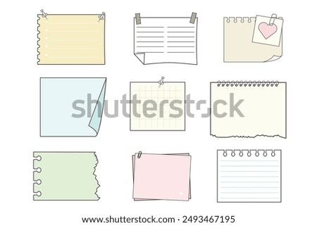 Memo sticky notes, sheet reminder, color office or school pages with tape, marks, pin, paperclip frames doodle style. Notebook bullet dairy list, funny retro drawing.