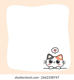 Memo sticky paper note frame decorate with cute cartoon cat peeking over line, Blank card frame template with cat greetings