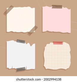Memo sticky, paper sheet and notebook paper strips, pieces stuck with sticky tape. Vector illustration