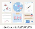 memo template. A collection of striped notes, blank notebooks, and torn notes used in a diary or office.