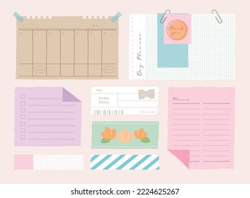 memo template. A collection of striped notes, blank notebooks, and torn notes used in a diary or office.