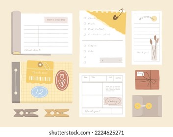 memo template. A collection of striped notes, blank notebooks, and torn notes used in a diary or office.