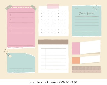 memo template. A collection of striped notes, blank notebooks, and torn notes used in a diary or office.