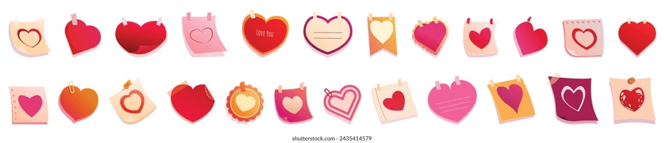 Memo valentine icons set cartoon vector. Paper shape sticky. Label beauty