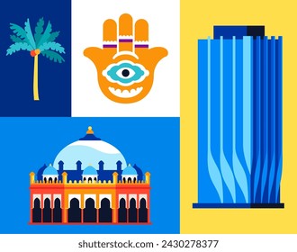 Memorable places and souvenirs of Japan - set of flat design style illustrations. Colored images of Hamsa hand, Akshardham, skyscraper and exotic palm tree. Modern culture and traditions idea