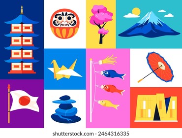 Memorable places and souvenirs of Japan - set of flat design style illustrations. Colored images of shinto shrine, daruma doll, origami paper crane, cherry blossom tree, mount fujiyama, koinobori