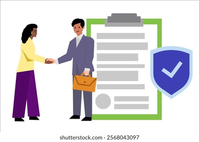 Memorandum briefing note. Man and woman shaking hands. Vector simple color flat illustration.