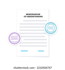 Memorandum of understanding concept. Document with text, stamp, seal and signature. Contract mockup with agreement. Realistic file with shadow effect. Financial, paperwork concept vector illustration