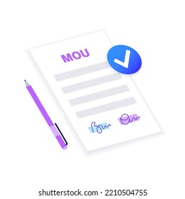 Memorandum of understanding concept. Document with text, stamp, seal and signature. Contract mockup with agreement. Realistic file with shadow effect. Financial, paperwork concept vector illustration