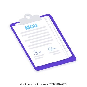 Memorandum of understanding concept. Document with text, stamp, seal and signature. Contract mockup with agreement. Realistic file with shadow effect. Financial, paperwork concept vector illustration