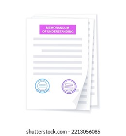 Memorandum of understanding concept. Document with text, stamp, seal and signature. Contract mockup with agreement. Realistic file with shadow effect. Financial, paperwork concept vector illustration