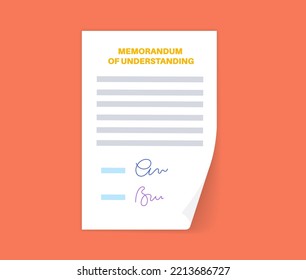 Memorandum of understanding concept. Document with text, stamp, seal and signature. Contract mockup with agreement. Realistic file with shadow effect. Financial, paperwork concept vector illustration