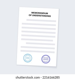 Memorandum of understanding concept. Document with text, stamp, seal and signature. Contract mockup with agreement. Realistic file with shadow effect. Financial, paperwork concept vector illustration