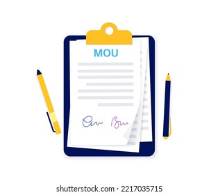 Memorandum of understanding concept. Document with text, stamp, seal and signature. Contract mockup with agreement. Realistic file with shadow effect. Financial, paperwork concept vector illustration