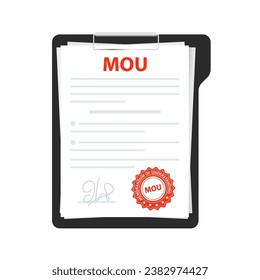 Memorandum of understanding concept. Document with text, stamp, seal and signature. Contract mockup with agreement. Realistic file. Financial, paperwork concept. Grunge red MOU. Vector illustration