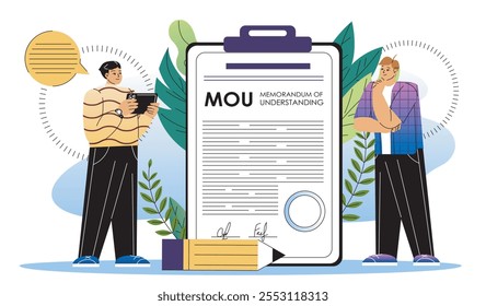 Conceito de memorando de entendimento. Dois homens perto do documento do MOU. Empresários concluem acordo e acordo. Regra e regulamentação. Ilustração de vetor plano isolada no plano de fundo branco