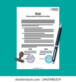 Memorandum of understanding document. Mou legal papers. Contract agreement paper blank with seal. Rubber stamp and pen. Vector illustration in flat style