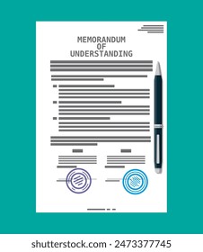 Memorandum of understanding document. Mou legal papers. Contract agreement paper blank with seal. Ballpoint pen. Vector illustration in flat style