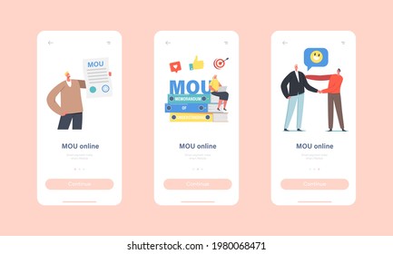 Memorandum of Understanding Mobile App Page Onboard Screen Template. Business Characters Signing MOU Document, Agreement That Two or More Parties Reached Concept. Cartoon People Vector Illustration