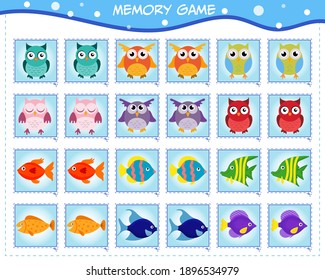 Juego Memori para niños. El juego incluye cartas con búhos y peces. Buscar imágenes idénticas emparejadas