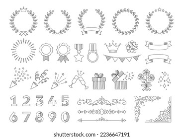 Marco de diseño de monumento y decoración de premios, conjunto de materiales vectoriales, dibujo de línea negra sobre fondo blanco. Marcos decorativos e ilustraciones para certificados, bodas, invitaciones, ceremonias, premios